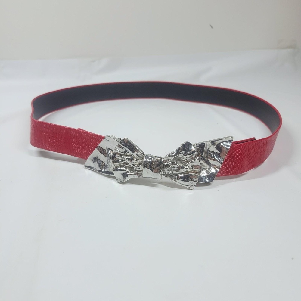 VTG 1986 Mimi Di N Molten Silver Bow Belt Red Lizard Faux‎ Leather Statement